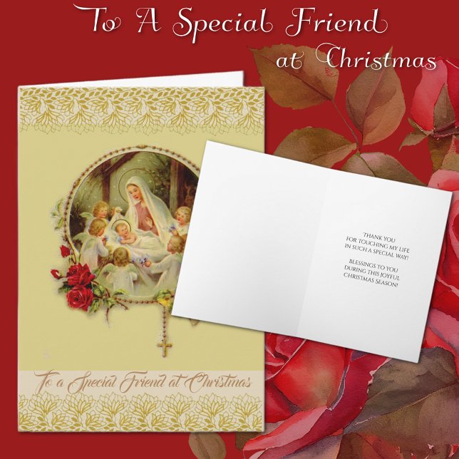 Religious Special Friend at Christmas Holiday Card (Christmas Vintage Catholic Friendship Card with holy rosary and Virgin Mary & Jesus)
