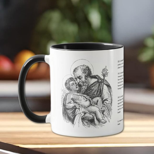 Religious St. Joseph Protection Prayer Vintage  Mu Mug (St. Joseph with Baby Jesus Mug and prayer to St. Joseph. )