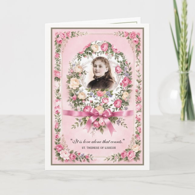 Religious St. Therese Vintage Pink Roses Prayer Card (Front)