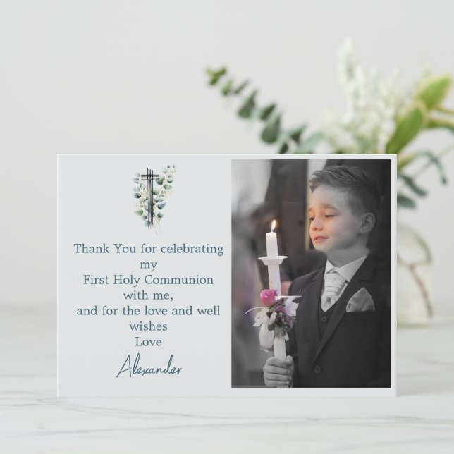 Religious Thank You Photo Boy Botanical Cross Invitation (Standing Front)