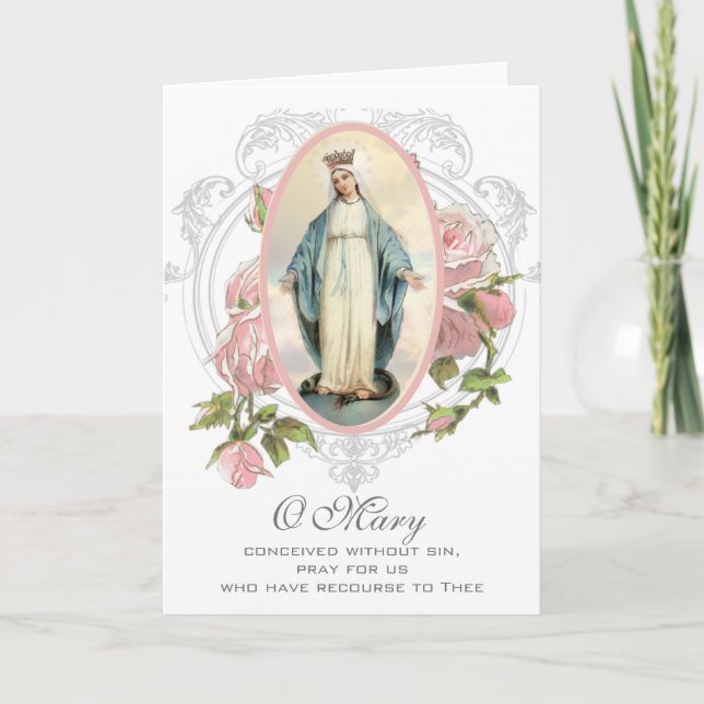 Religious Vintage Blessed Virgin Mary Pink Roses Card (Front)