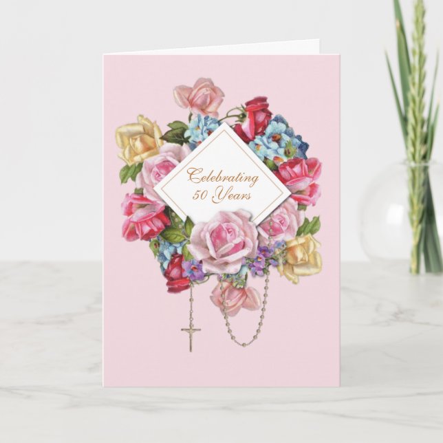 Religious Vintage Roses Rosary Floral Catholic Card (Front)