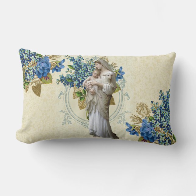 Religious Virgin Mary Baby Jesus Lamb Floral Lumbar Cushion (Front)
