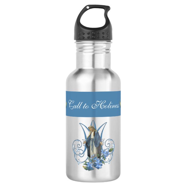 Religious Virgin Mary Blue Flower 18 oz. 532 Ml Water Bottle (Front)