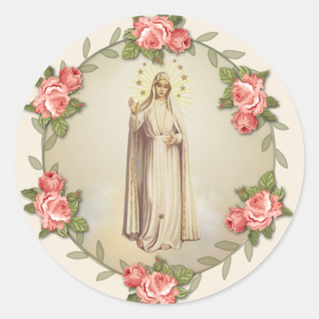 Religious Virgin Mary Fatima Pink Roses Classic Round Sticker (Front)