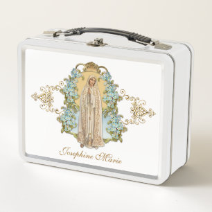 Religious Virgin Mary Heart Flower Fatima Prayer Metal Lunch Box