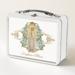 Religious Virgin Mary Heart Flower Fatima Prayer Metal Lunch Box