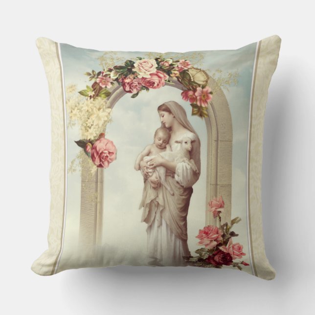 Religious Virgin Mary Jesus Catholic Roses Cushion (Front)