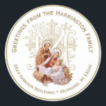 Religious Virgin Mary Jesus Christmas Nativity Cla Classic Round Sticker<br><div class="desc">A beautiful vintage traditional Catholic image of the Nativity,  the  Blessed Virgin Mary with St. Joseph and the Baby Jesus overlaid on a Marian Cross. All text and fonts can  be modified.</div>