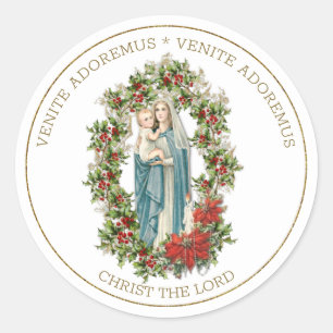 Religious Virgin Mary Jesus Christmas Poinsettias  Classic Round Sticker