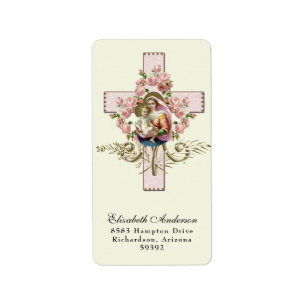 Religious Virgin Mary Jesus pink roses cross Label