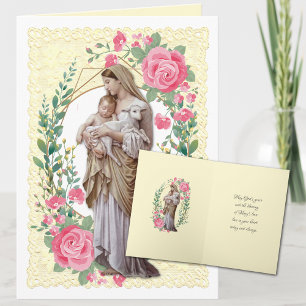 Religious Virgin Mary Jesus Pink Roses Holiday Card