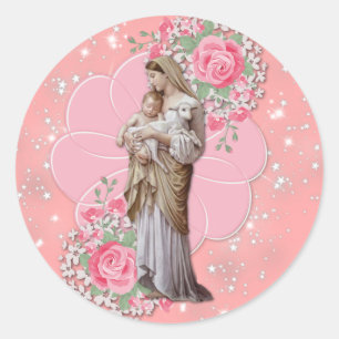 Religious Virgin Mary Jesus Pink Roses Stars Classic Round Sticker