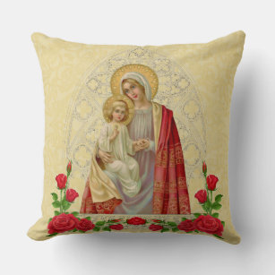 Religious Virgin Mary Jesus Vintage Roses  Cushion