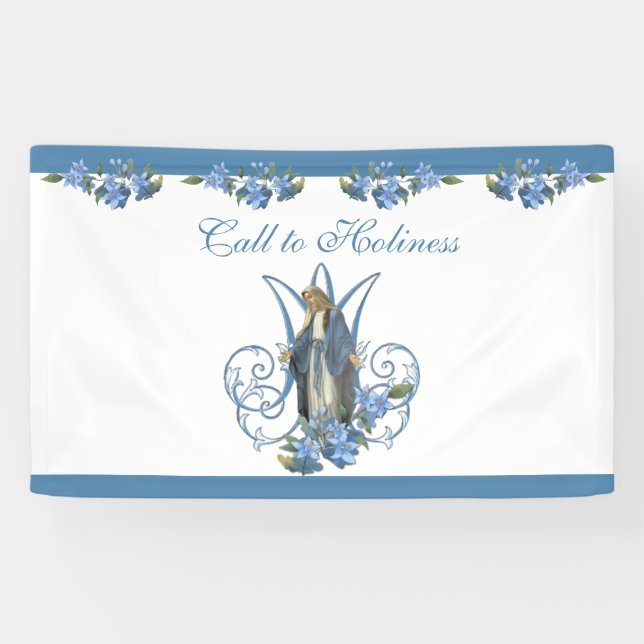 Religious Virgin Mary Marian Cross Blue Flowers  Banner (Horizontal)