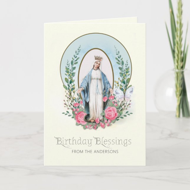 Religious Virgin Mary Roses Catholic Birthday  Holiday Card (Front)