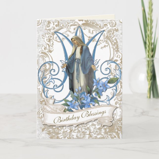Religious Virgin Mary Vintage Blue Flowers Card (Front)
