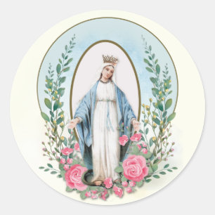 Religious Virgin Mary Vintage Pink Roses Catholic Classic Round Sticker