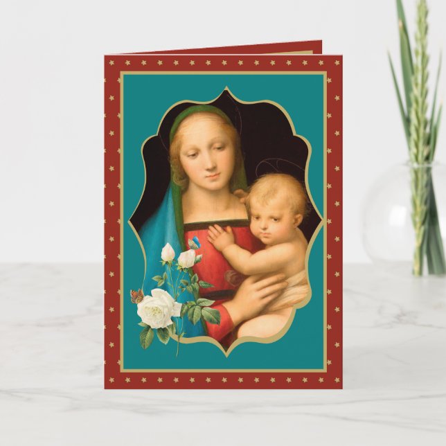 Religious Virgin Mary with Baby Jesus White Rose Card (Front)