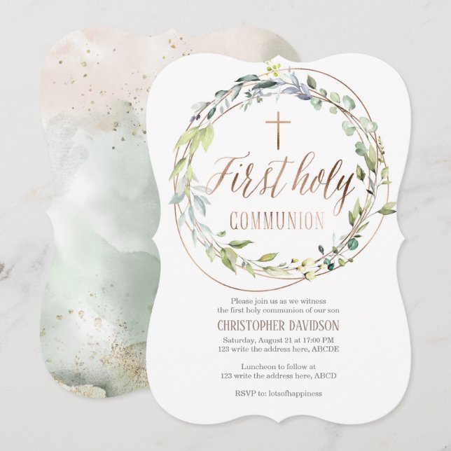 Religious, Watercolor, Cross, First holy communion Invitation (Front/Back)