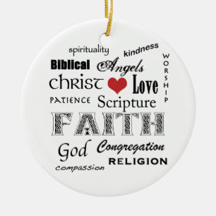 Religious Word Cloud+Blue Rippled Cross Ceramic Ornament