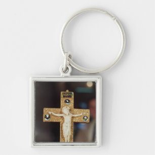 Reliquary crucifix, ivory Christ on gold cross Key Ring
