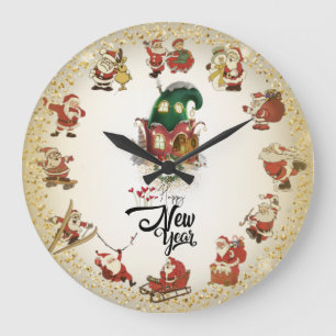 Reloj de pared con papá Noel y feliz año nuevo Large Clock