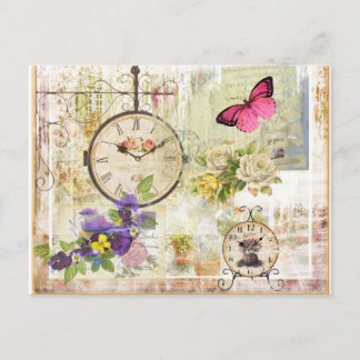 Reloj y mariposa rosa vintage con flor violeta postcard