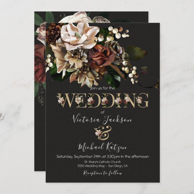 Rembrandt Floral Dark & Moody Wedding Invitation (Front/Back)
