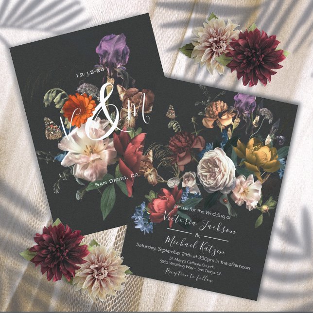 Rembrandt Floral Dark & Moody Wedding Monogram Invitation (Creator Uploaded)