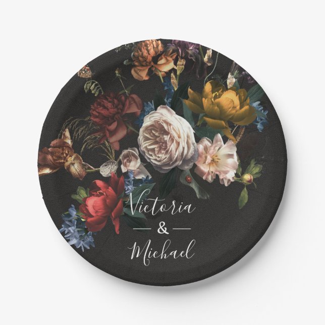 Rembrandt Floral Dark & Moody Wedding Paper Plate (Front)