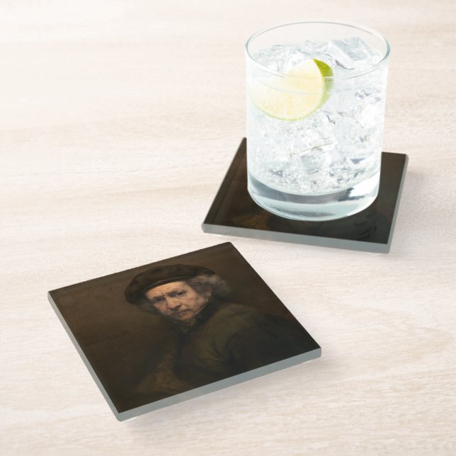 Rembrandt Self Portrait: Dutch Golden Age Painter Glass Coaster (Angled)
