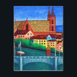 Remebering Basel by Lisa Lorenz Postcard<br><div class="desc">A colourful painting scene of Basel's beautiful Munster along the Rhine River with a view of the middle bridge.</div>