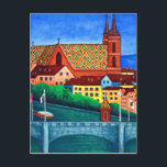 Remebering Basel by Lisa Lorenz Postcard<br><div class="desc">A colourful painting scene of Basel's beautiful Munster along the Rhine River with a view of the middle bridge.</div>