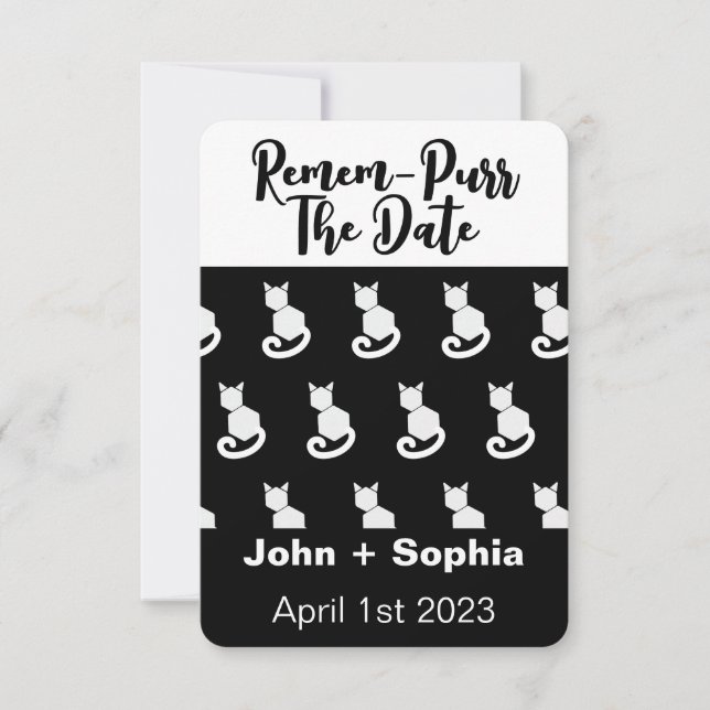 Remem-Purr Funny Modern Black and White Cat  Save  The Date (Front)