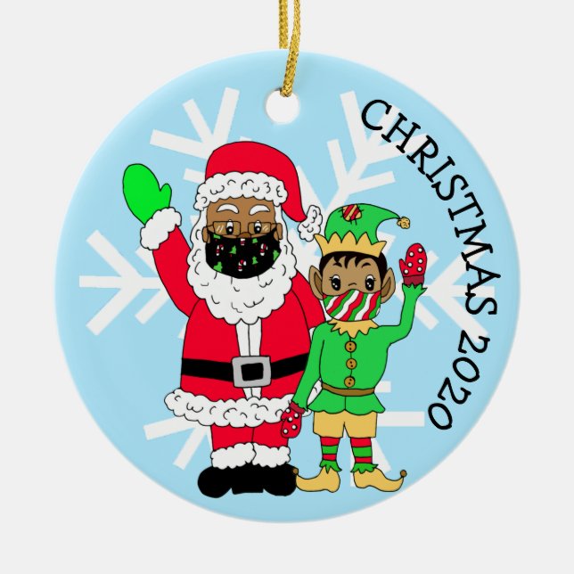 Remember Christmas 2020 Ethnic  Santa in Face Mask Ceramic Ornament (Front)