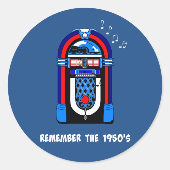 Remember the 1950's, white text on dark colour classic round sticker (Front)