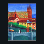Remembering Basel, Switzerland View Post Card<br><div class="desc">Coloful travel scene of Basel,  Switzerland with her two notorious cats by Lisa Lorenz</div>