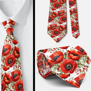 Remembrance Day Red Poppies Poppy Floral Neck TIe