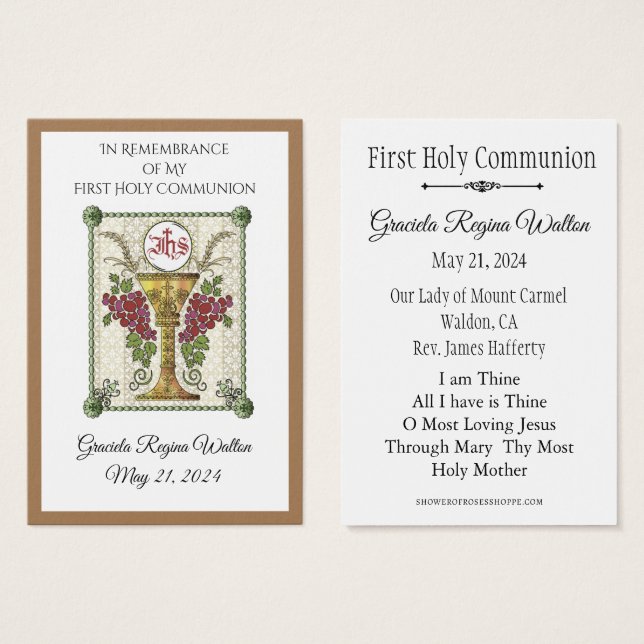 Remembrance Holy Card Chalice First Holy Communion (Front & Back)