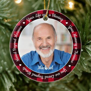Remembrance Keepsake Red Plaid 2 Photo Memorial Ceramic Ornament