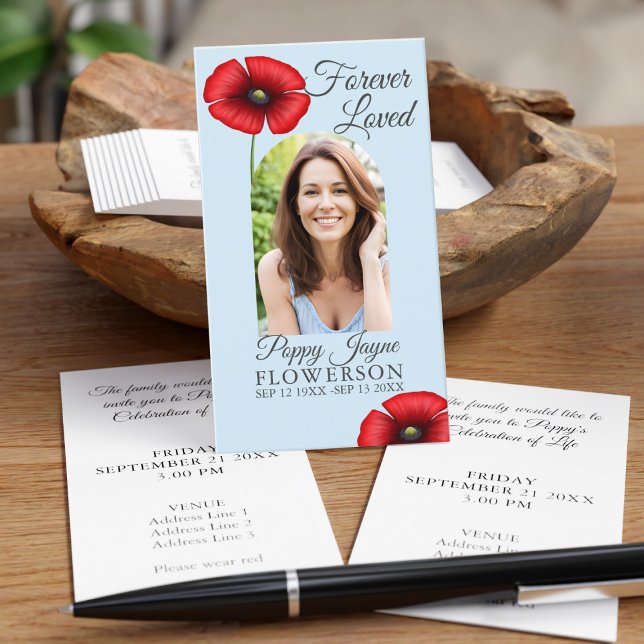 Remembrance Poppy Sky Blue Funeral Ceremony Cards (Upload your photo and funeral details. So sorry for your loss)