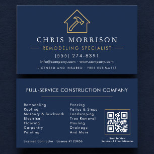 Remodeling Specialist QR Code Navy Blue Gold Business Card