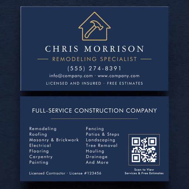 Remodeling Specialist QR Code Navy Blue Gold  Business Card (Creator Uploaded)