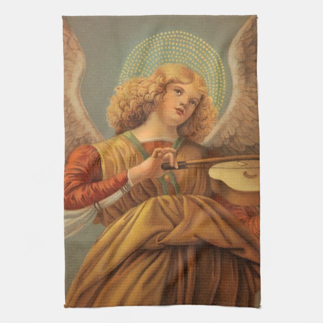 Renaissance Angel Playing Violin Melozzo da Forli Tea Towel (Vertical)