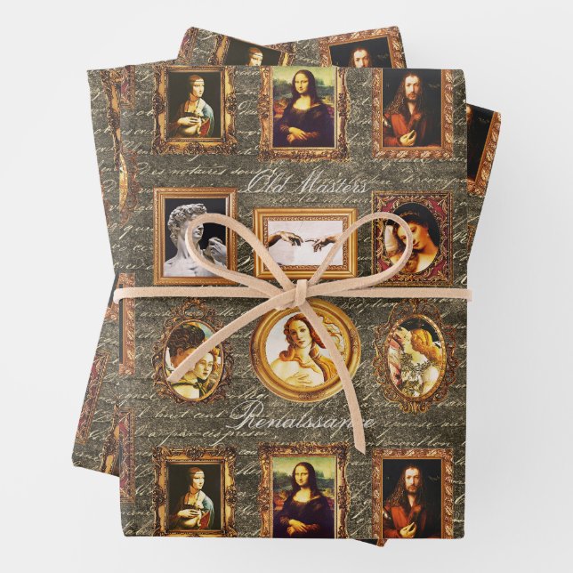 Renaissance Art Framed on Antique Script Grunge Wrapping Paper Sheet (In situ)