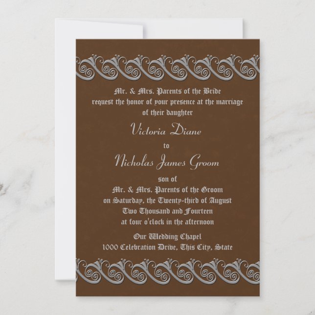 Renaissance Brown with Pewter Wedding Invitation (Front)