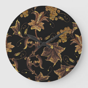 Renaissance Golden Floral Embroidery Pattern Large Clock