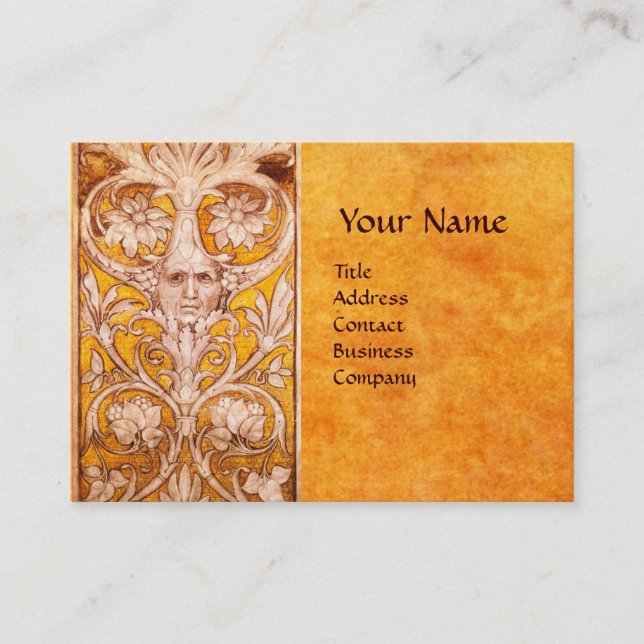 RENAISSANCE GROTESQUE FACE , GOLD FLORAL PARCHMENT BUSINESS CARD (Front)