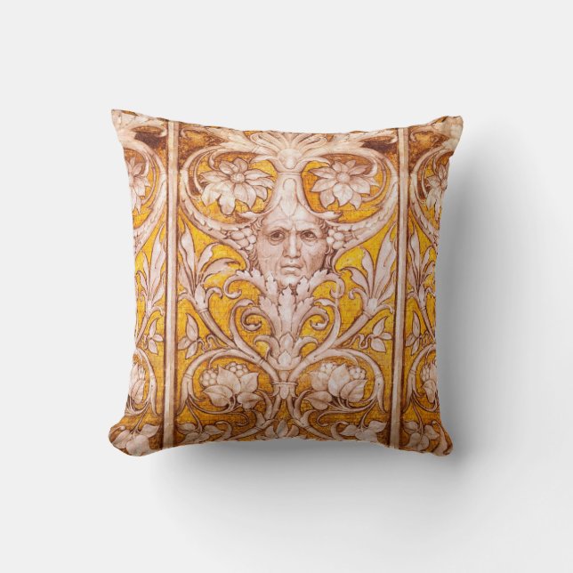 RENAISSANCE GROTESQUE FACE , GOLD WHITE FLORAL CUSHION (Front)